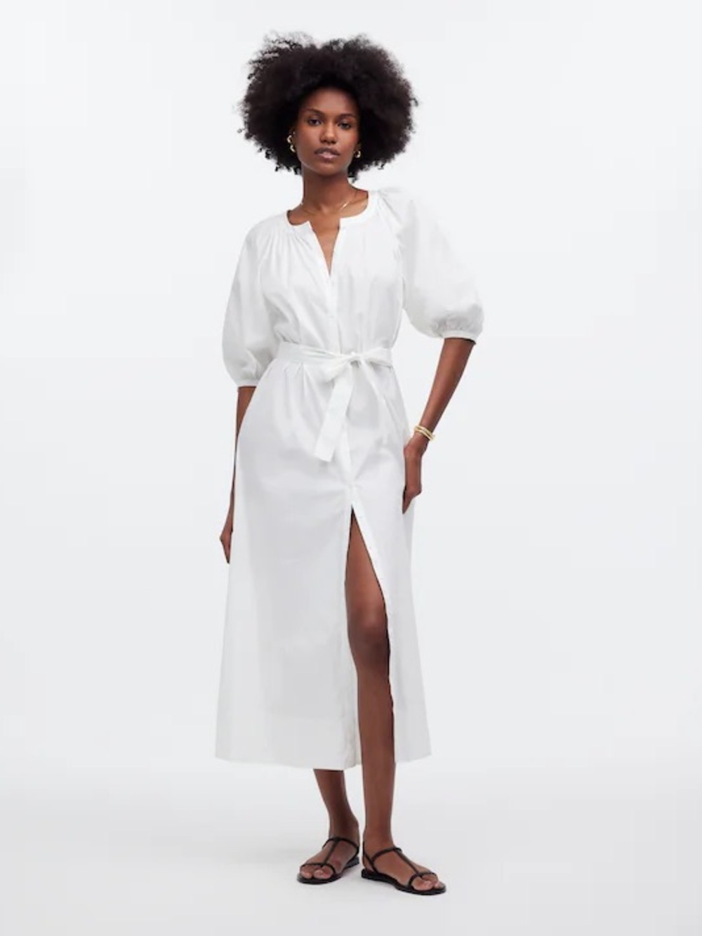 Madewell White Button-Front Midi Dress with Tie Waist